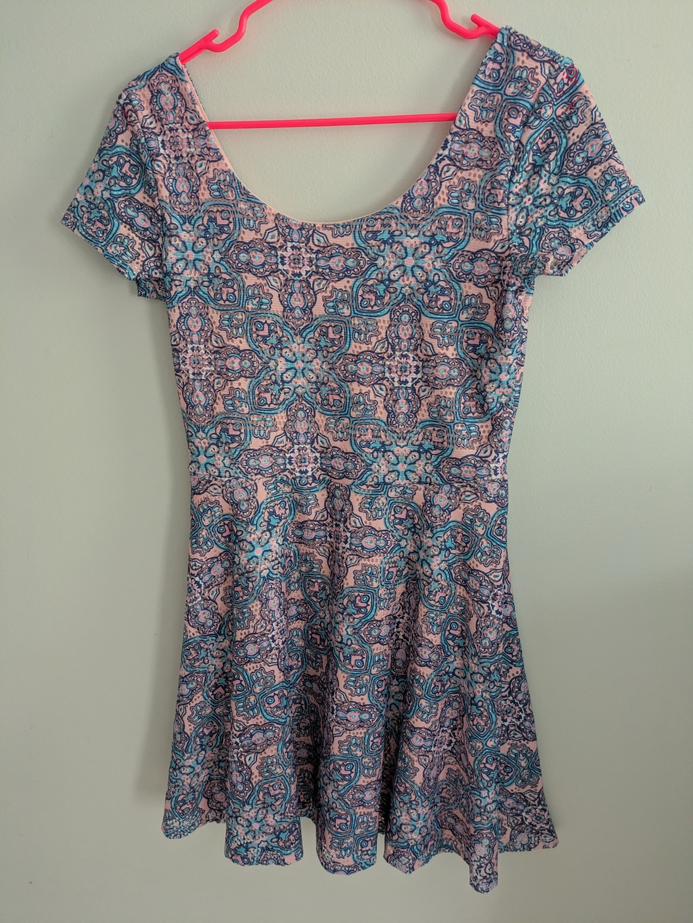 Derek Heart Pink and Blue Patterned Scoop-Neck Fit & Flare Dress Skater Mini